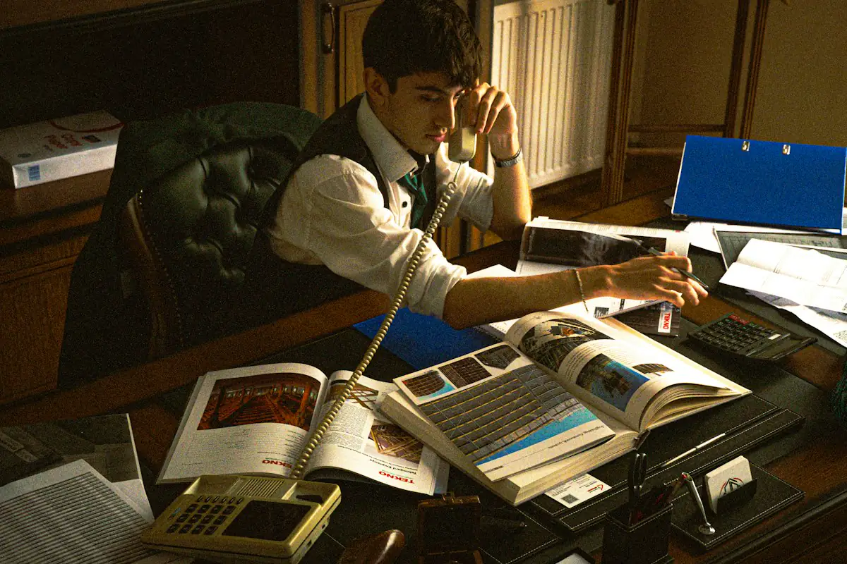 An attorney buried in files at a desk, on the phone