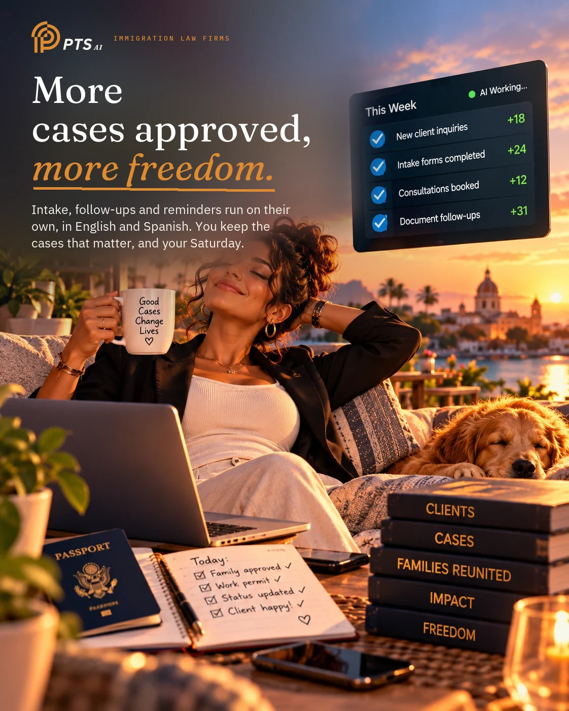 Illustrated poster: an immigration attorney relaxing at sunset with her dog, laptop open, while the week's inquiries, intake forms and consultations tick themselves off