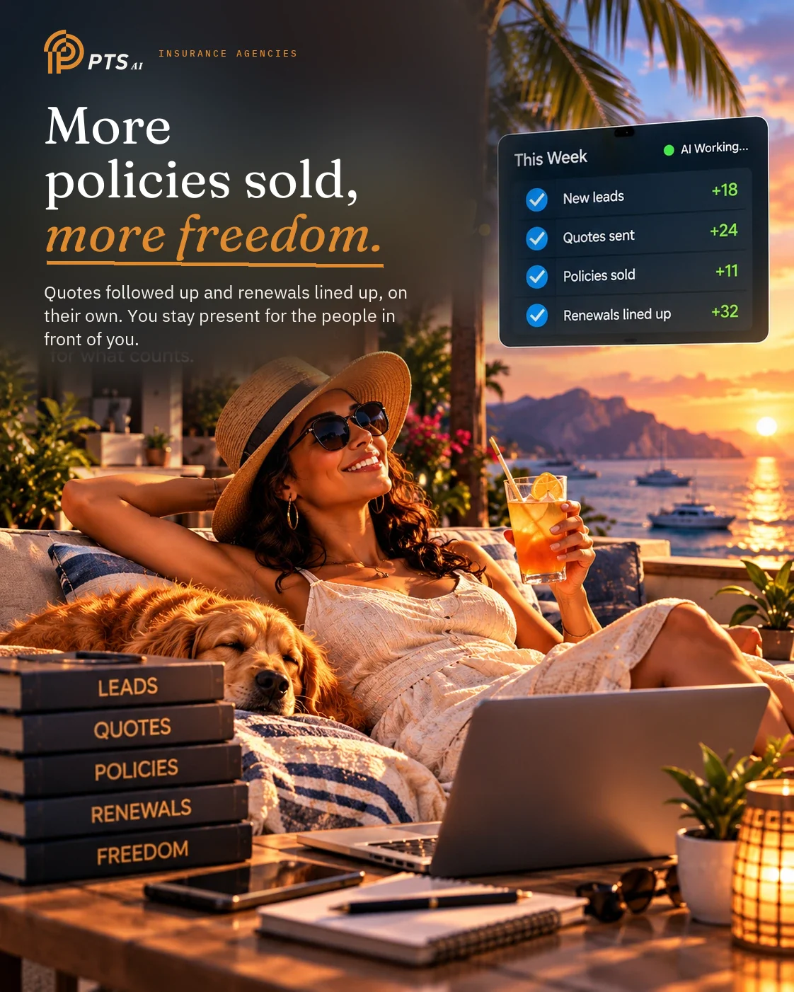Illustrated poster: an insurance agency owner relaxing by the sea at sunset while quotes, policies and renewals tick themselves off
