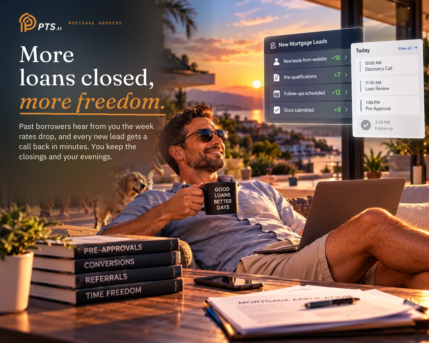 Illustrated poster: a mortgage broker on his terrace at sunset with his family behind him, while new leads, pre-qualifications and follow-ups tick themselves off