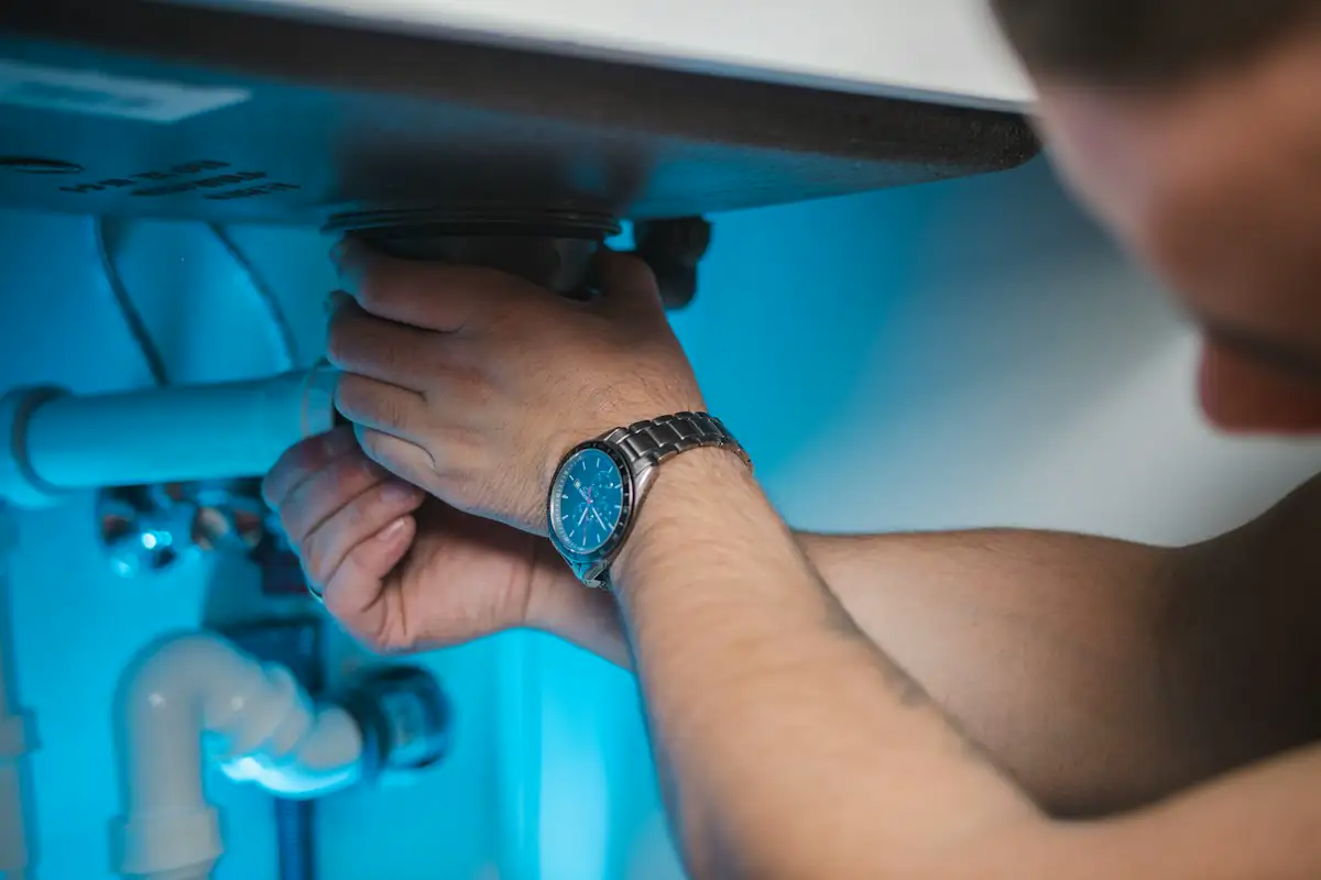 A plumber servicing a water heater