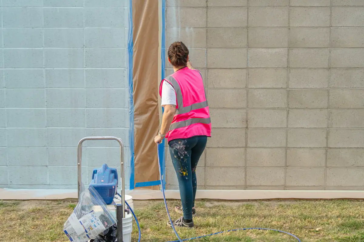 A worker finishing and repainting a restored wall
