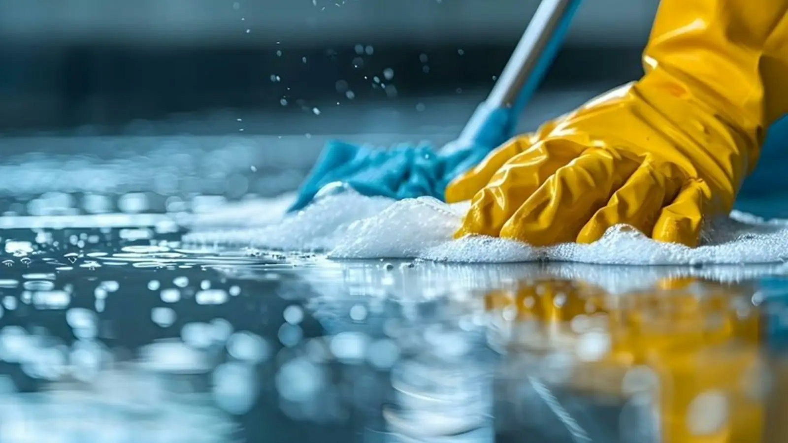 A restoration worker cleaning a damaged floor in protective gloves