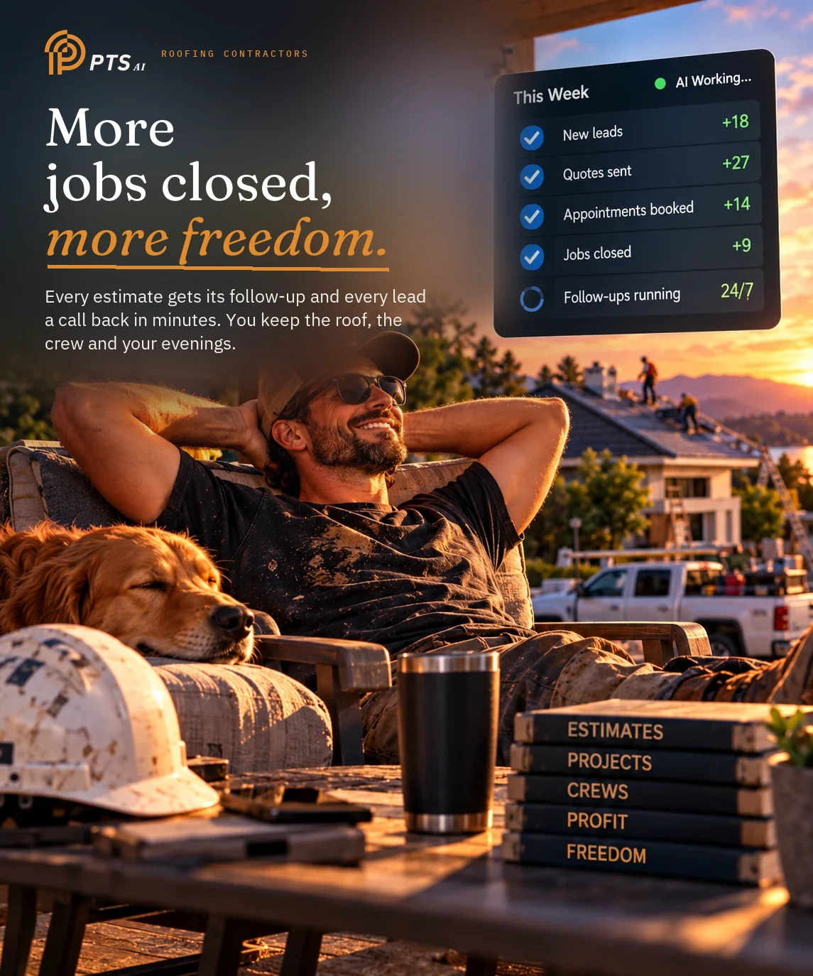 Illustrated poster: a roofer resting on his porch at golden hour, crew finishing a roof behind him, while leads, quotes and appointments tick themselves off