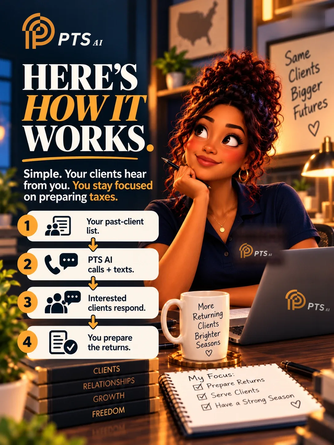 Illustrated poster: a tax preparer at her desk next to the four steps, your past-client list, PTS AI calls and texts, interested clients respond, you prepare the returns